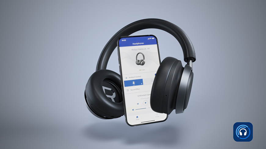 L4 &bdquo;Fidelio&ldquo; ausinės prijungtos prie &bdquo;Philips&ldquo; ausinių programėlės